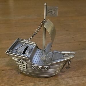 Pirate Ship Sheridan Nautical Pewter Finish Metal Coin Bank- Non Tarnish
